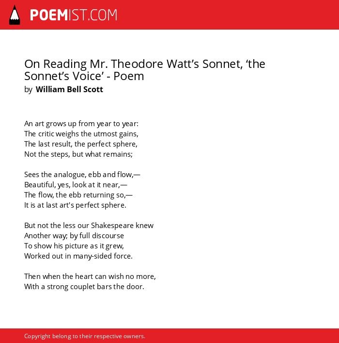 On Reading Mr Theodore Watt S Sonnet The Sonnet S Voice